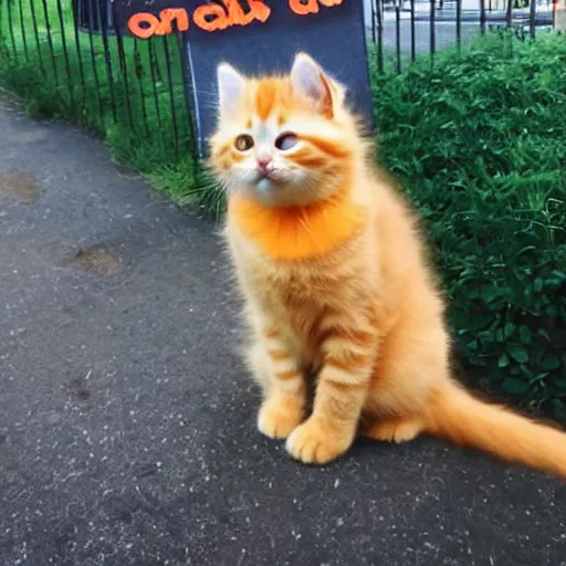 Image similar to cute fluffy orange tabby kitten with a sign that says