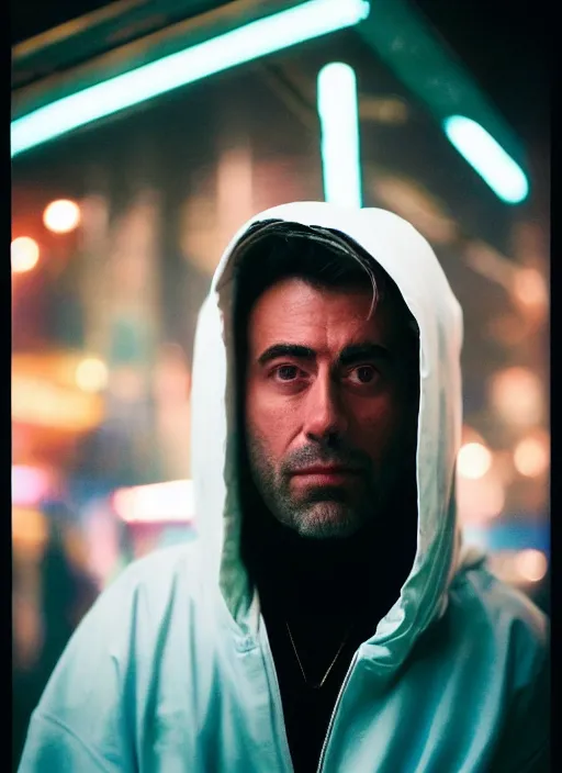 Prompt: A hyper realistic and detailed head portrait photography of Rick Sanchez wearing a futuristic white raincoat with hoodie on a rainy day. by annie leibovitz. Neo noir style. Cinematic. Swirly bokeh. Red neon lights and glow in the background. Cinestill 800T film. Lens flare.