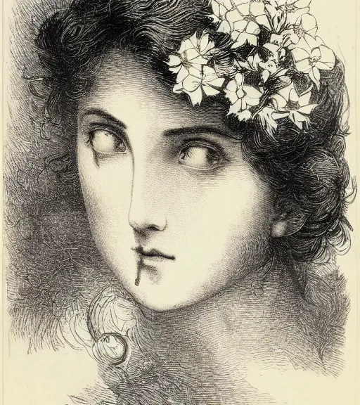 Image similar to black and white, close-up woman eyes in flowers, Gustave Dore lithography