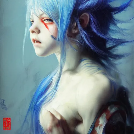 Image similar to little angry girl with blue hair. By Ruan Jia. Ayami Kojima. Masterpiece