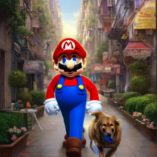 Image similar to john lock as mario walking a dog, plumbing jungle, detailed, centered, digital painting, artstation, concept art, donato giancola, joseph christian leyendecker, wlop, boris vallejo, breathtaking, 8 k resolution, extremely detailed, beautiful, establishing shot, artistic, hyperrealistic, beautiful face, octane render, cinematic lighting, dramatic lighting, masterpiece