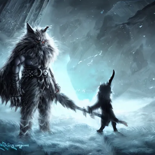 Prompt: a catperson facing off against a frost giant, fantasy art, 4 k