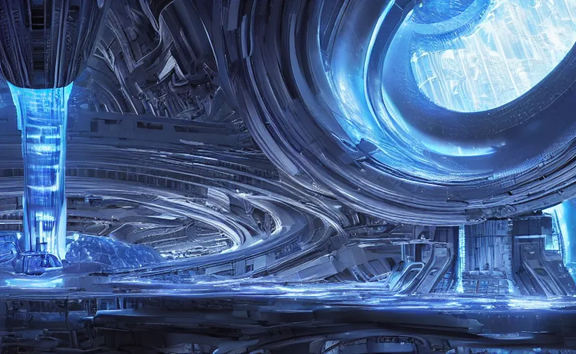 Image similar to giant Plasma fusion reactor power station, torus shape, blue , hyperrealistic mixed media, stunning 3d render inspired art by P. Craig Russell and Barry Windsor-Smith + perfect facial symmetry + dim volumetric lighting, 8k octane beautifully detailed render, post-processing, extremely hyperdetailed, intricate futuristic mechanic parts, epic composition, grim yet sparkling atmosphere, cinematic lighting + masterpiece, trending on artstation