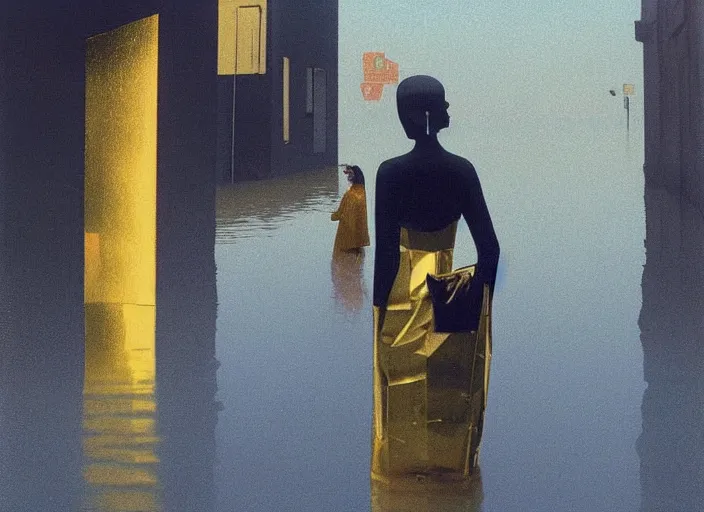 Prompt: futuristic woman with very wide head dressed in transparent gold foil plastic bags with cutouts, on flooded street Edward Hopper and James Gilleard, Zdzislaw Beksinski, highly detailed