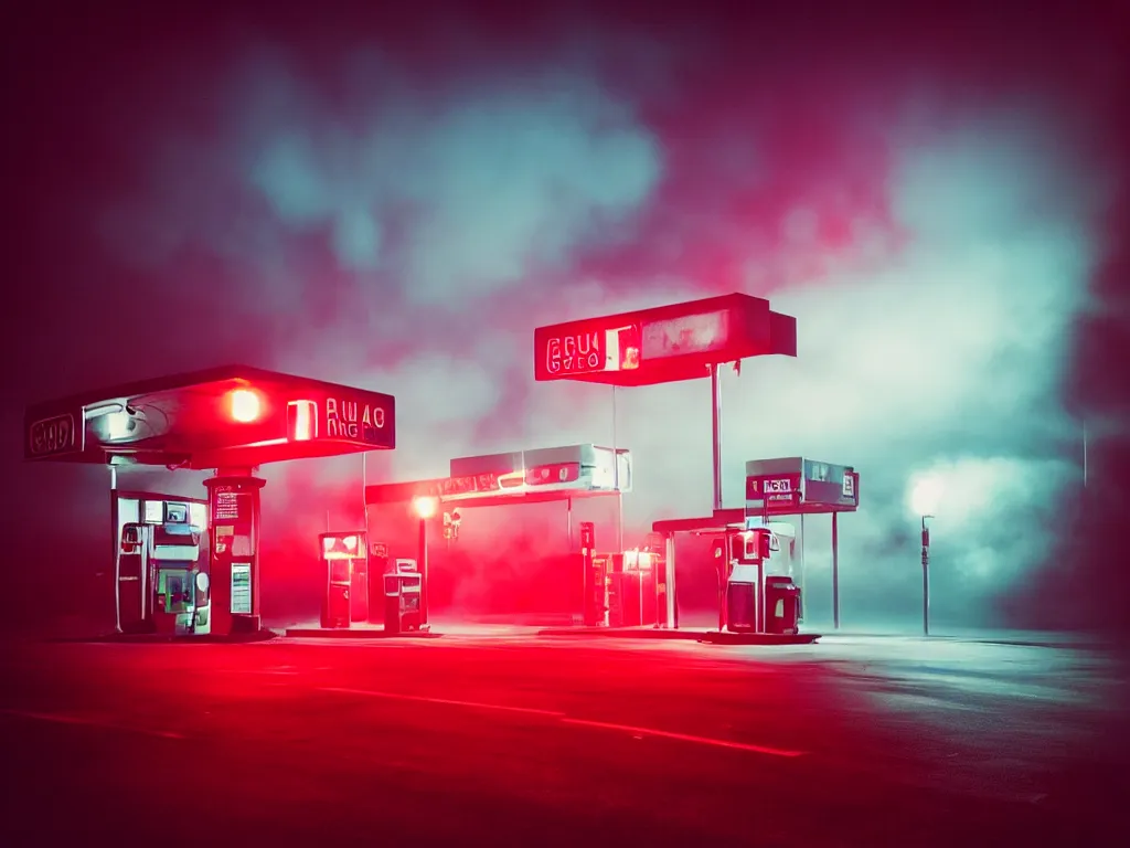 Image similar to “photography of gas station , fog, blue and red lights, night, mood, atmospheric, full of colour, digital photography”