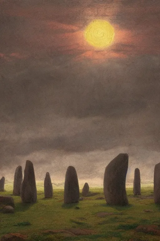 Image similar to circle of standing stones at dawn, dramatic cinematic lighting, rich colors, by William Dyce and ford madox brown and April Gornik and Caspar David Friedrich and Diego Rivera, featured on artstation