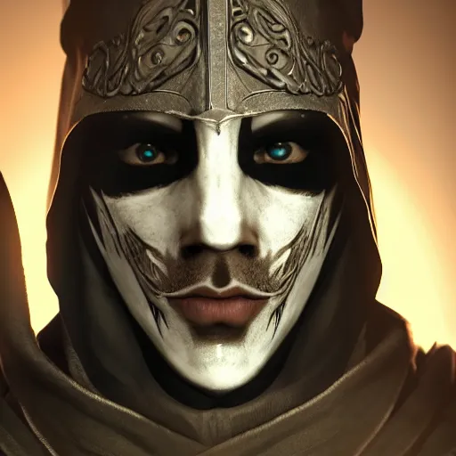 Image similar to a digital art close up portrait of hooded bard with porcelain mask in style of skyrim character, handsome warlock with magic character sheet, 4 k, ultra detail, volumetric lighting, unreal engine, octane render, grimdark