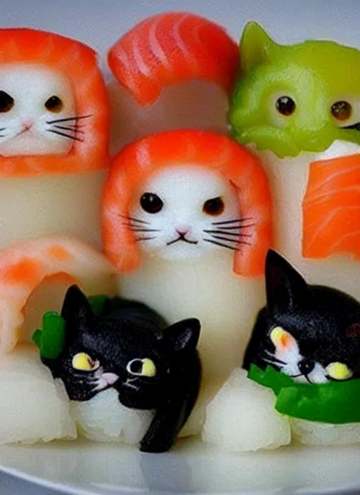 Image similar to clear photorealistic picture of adorable cats made out of sushi