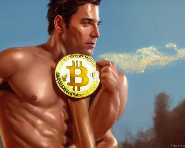 Image similar to attractive oiled up glossy man posing in front of a huge golden bitcoin, angelic light, commercial by annie liebovitz, tom finland, gaston bussiere, craig mullins, j. c. leyendecker, photorealistic, trending artstation, 8 k, smooth