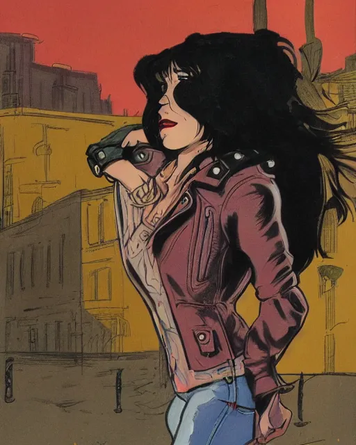 Image similar to young female protagonist in leather jacket, city street, artwork by ralph bakshi