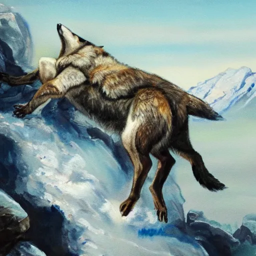 Image similar to a painting of a wolf hauling on top of a mountain