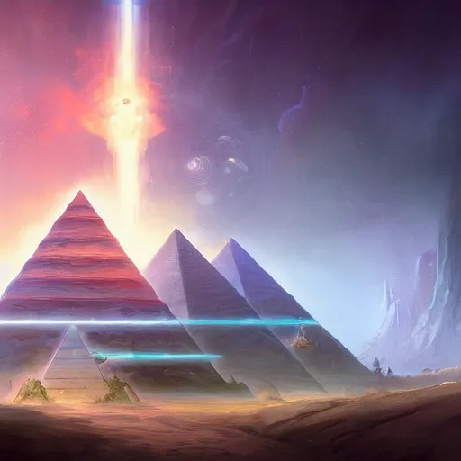 Image similar to ultradetailed pyramid structure emitting an energy beam into the atmosphere to terraform planet by peter mohrbacher and emmanuel shiu and martin johnson heade and bastien lecouffe - deharme