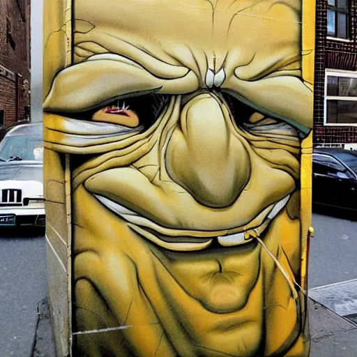 Prompt: A beautiful street art of of a giant head. The head is bald and has a big nose. The eyes are wide open and have a crazy look. The mouth is open and has sharp teeth. The neck is long and thin. intricate by Frank Quitely, by Vito Acconci evocative