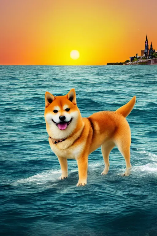 Image similar to a shiba inu sailing in the sea alone, with a castle in the background, sunset, epic, dramatic, realistic, 4k