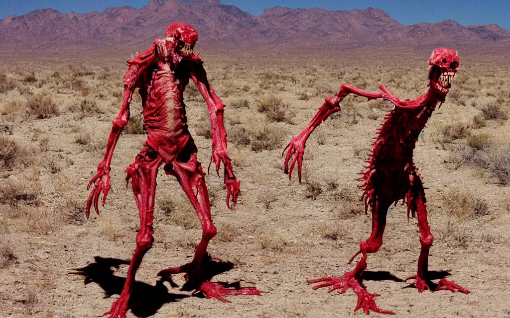 Image similar to in the desert a bloody gross horrifying The Thing creature made of muscle and bone and blood stares at the camera, eating, it walks on two legs, mid day, 35mm photography, realistic,