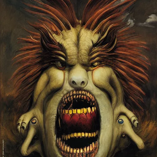 Image similar to demiurge head face eyes fangs serpent serpent python wearing a lion costume furry ears neck neck tall long viper j.m.w. turner greg rutkowski giorgio de chirico william merritt chase ralph steadman arsen savadov dan witz uta natsume
