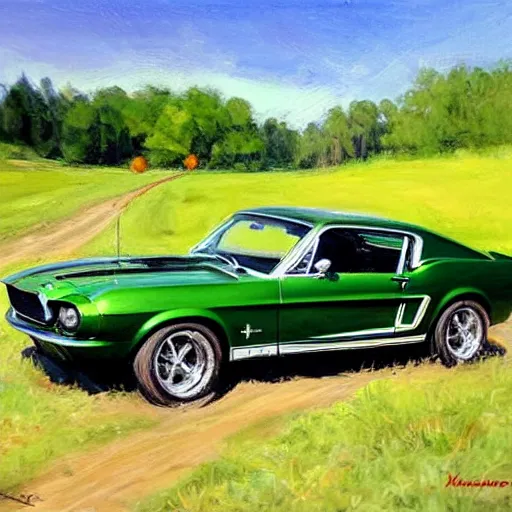 Prompt: green 1967 Ford Mustang GT, Swedish countryside, painting by Vladimir Volegov