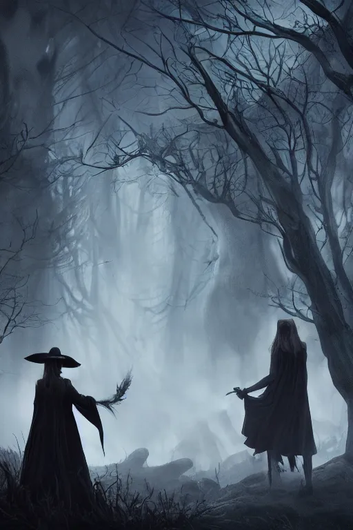 Prompt: a coven of witches, dramatic lighting, cinematic, establishing shot, extremely high detail, foto realistic, cinematic lighting, post processed, concept art, high details, cinematic, 8k resolution, beautiful detailed, photorealistic, digital painting, artstation, concept art, smooth, sharp focus, artstation trending, octane render, unreal engine