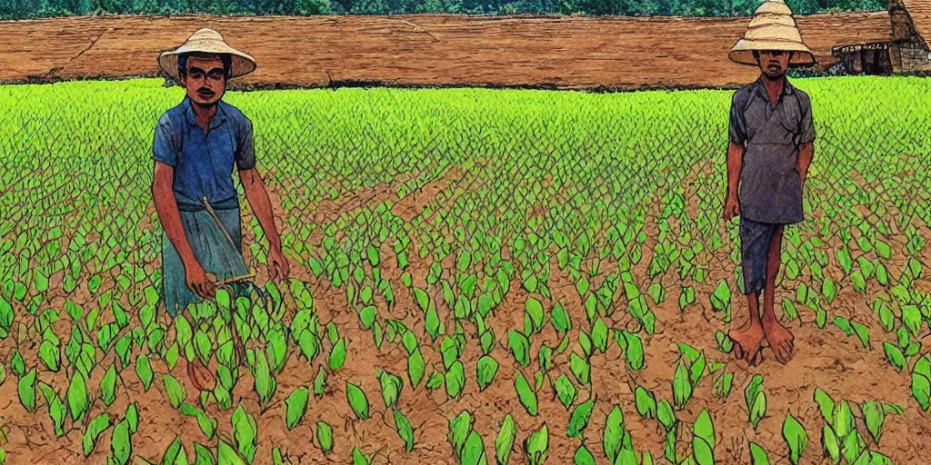 Image similar to sri lankan paddy field farmer, drawn by hayao miyazaki