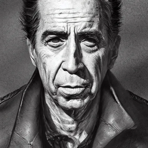 Prompt: a highly detailed epic cinematic concept art CG render digital painting artwork costume design: Humphrey Bogart, old scars, long hair, grizzled, tired, in an old 1950s leather jacket, with a bottle of whisky in hand. By Greg Rutkowski, Ilya Kuvshinov, WLOP, Stanley Artgerm Lau, Ruan Jia and Fenghua Zhong, trending on ArtStation, made in Maya, Blender and Photoshop, octane render, excellent composition, cinematic atmosphere, dynamic dramatic cinematic lighting, aesthetic, very inspirational, arthouse