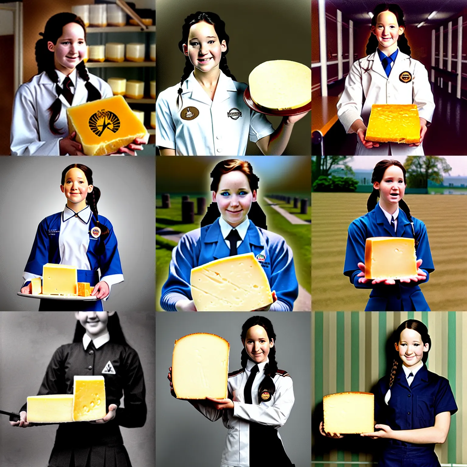 Prompt: a laboratory, ( ( ( ( ( katniss everdeen ) ) ) ) ) as a student, wearing a school uniform, is holding a large block of cheese, photography