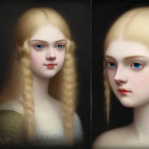 Prompt: Painting of Elle Fanning with an eyepatch and robot arm, long blonde hair, delicate, pale milky white porcelain skin, by Edmund Leighton. 8K. Extremely detailed.