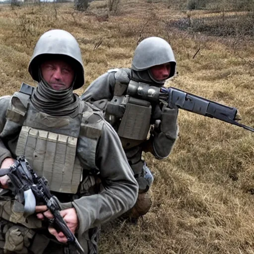 Image similar to British mercenaries wearing grey body armor hiding from a Russian tank, photo by Adam Ferguson, Pulitzer Winning, cinematic composition, breathtaking, modern, 2022