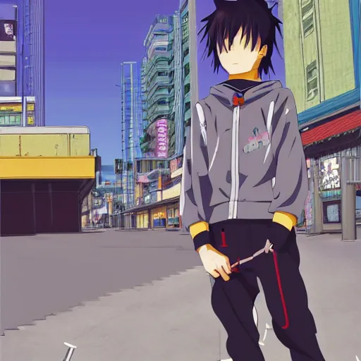 Prompt: japanese emo boy, anime boy, black hair, spiky hair, weird clothing, rollerblading, rollerskates, cel - shading, 2 0 0 1 anime, flcl, jet set radio future, golden hour, japanese town, concentrated buildings, japanese neighborhood, construction site, cel - shaded, strong shadows, vivid hues, y 2 k aesthetic