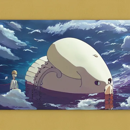 Prompt: huge white space whale, Miyazaki style, Studio Ghibli,moving castle, canvas, oil, animation, ultra details