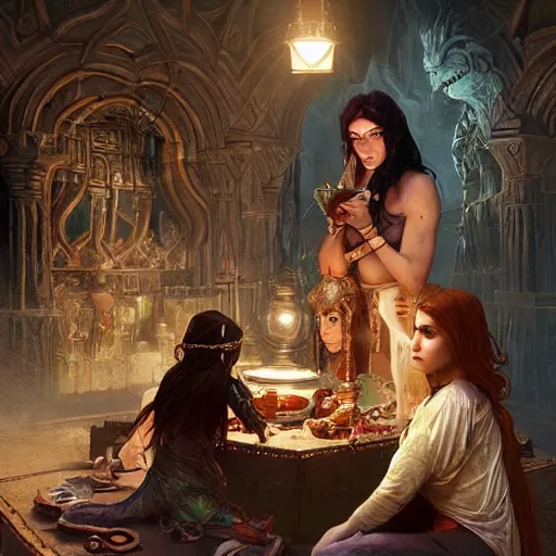 Prompt: a mesopotamian witch and her daughter buying and selling monster parts D&D, highly detailed, digital painting, artstation, concept art, sharp focus, illustration, cinematic lighting, art by artgerm and greg rutkowski and alphonse mucha