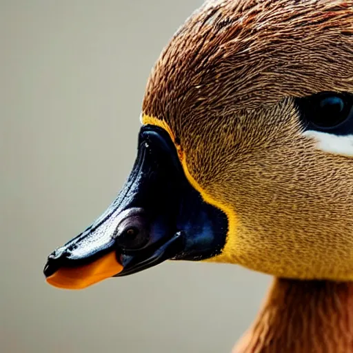 Image similar to A high detail closeup shot of a duck wearing a suit