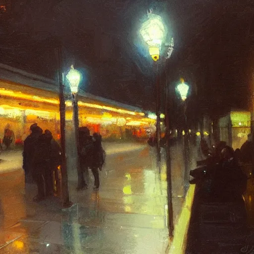 Prompt: a some people waiting in a lone bus stop in quiet dark city night, high quality, high resolution,detailed, by Jeremy Lipking evocative