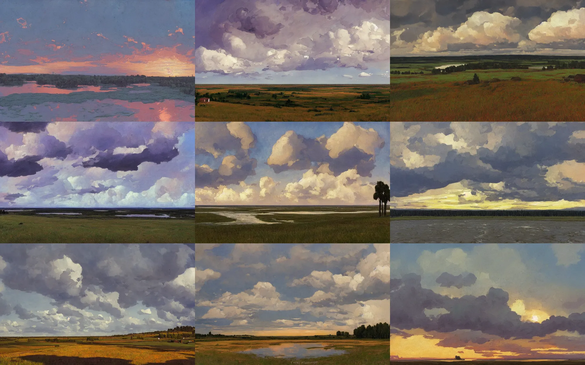 Prompt: painting in the style of Isaac Levitan, Savrasov, arkhip kuindzhi, T Allen Lawson and Ian Fisher and sidney richard percy, wide river and tiny house on the top of the hill, dream heavenly cloudy sky, horzon, hurricane stromy clouds, sunset sunrise, volumetric lighting, very beautiful scenery, pastel colors, ultra view angle view