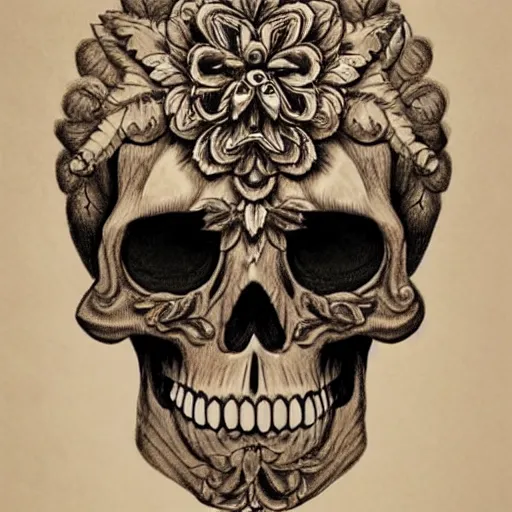 Image similar to a beautiful portrait of a ornate and intricate rococo skull