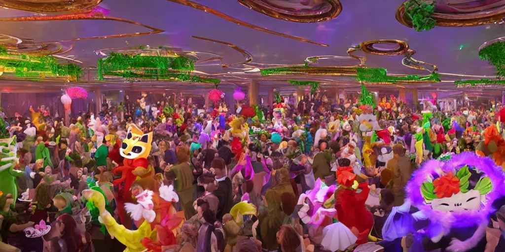Image similar to 8 k uhd cinema 4 d, octane render of multiple cats dressed as vegetables with vegetables as masks, vegetables dressed as cats with fluffy tails, line dancing at a party, in the ballroom of a luxury cruise liner, beautiful chandeliers from the ceiling, ultra realistic, group photography, 1 0 5 mm lens, multi coloured volumetric lighting