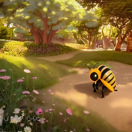 Image similar to cute bee at bee university, photorealistic, octane render, rtx, hdr, unreal engine, digital art widescreen 8 k, studio ghibli, disney, wlop