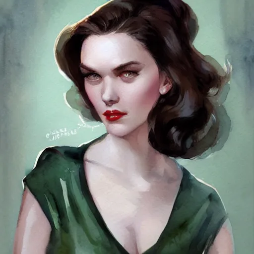 Prompt: 1940s style brunette haired girl, green eyes, artstation, watercolor, highly detailed, portrait, by Charlie bowater