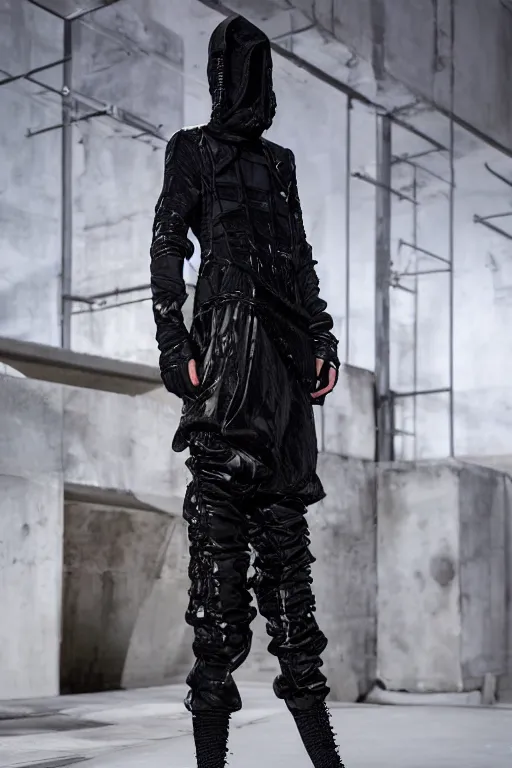 Prompt: avant garde techwear look and clothes, we can see them from feet to head, highly detailed and intricate, hypermaximalist, pastel colors, futuristic, luxury, Rick Owens, Errolson Hugh, Yohji Yamamoto, Y3, ACRNYM, cinematic outfit photo