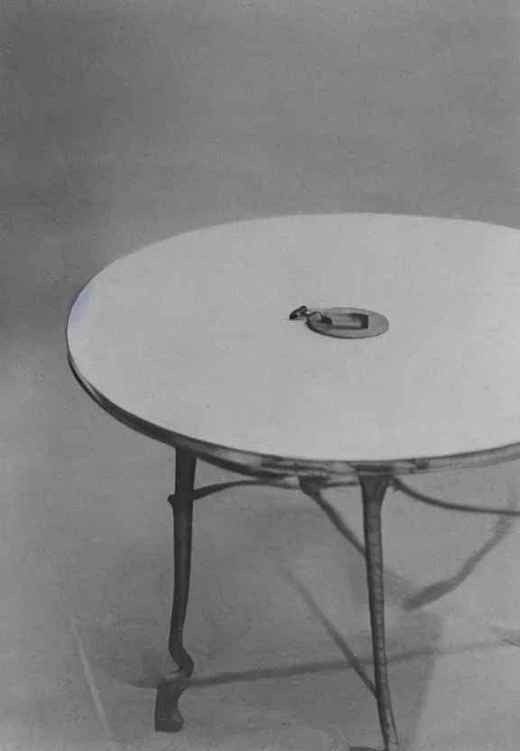 Prompt: an object on a table in a vast room, by marcel duchamp, archival pigment print, 1 9 2 0, academic art, conceptual art, white readymade