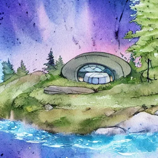 Image similar to beautiful happy picturesque charming sci - fi organic homes in a beautiful natural scene. water, trees and rocks. beautiful light. grainy and rough. soft colour scheme. beautiful artistic detailed watercolor by lurid. ( 2 0 2 2 )