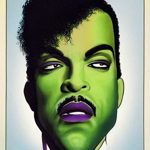 Prompt: a portrait of prince as gemini in a batman film. half his face is white with green hair. in the style of herbert bayer