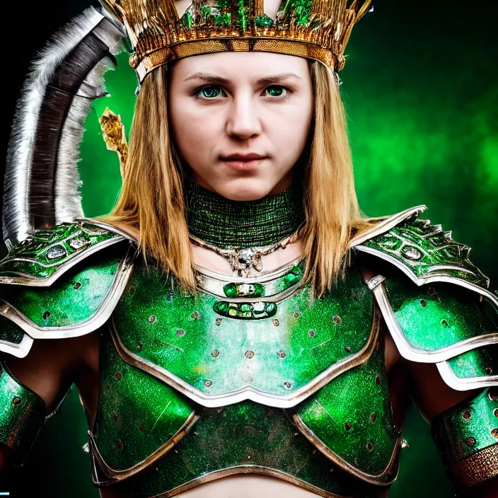 Prompt: photo of a beautiful warrior queen wearing emerald encrusted armour, highly detailed, 4 k, hdr, smooth, sharp focus, high resolution, award - winning photo