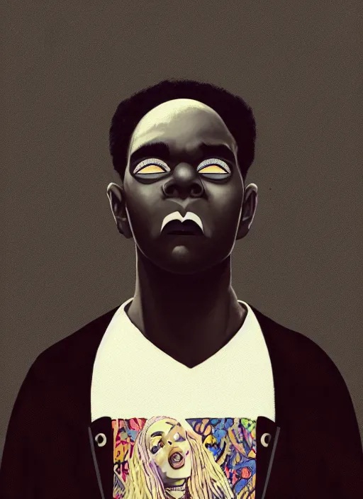 Image similar to portrait of a wide faced black man with a crooked nose and a confident expression, 1 9 6 0 s, black clothes, goth, punk, brightly coloured hair, funk, intricate, elegant, highly detailed, digital painting, artstation, concept art, smooth, sharp focus, illustration, art by wlop, mars ravelo and greg rutkowski