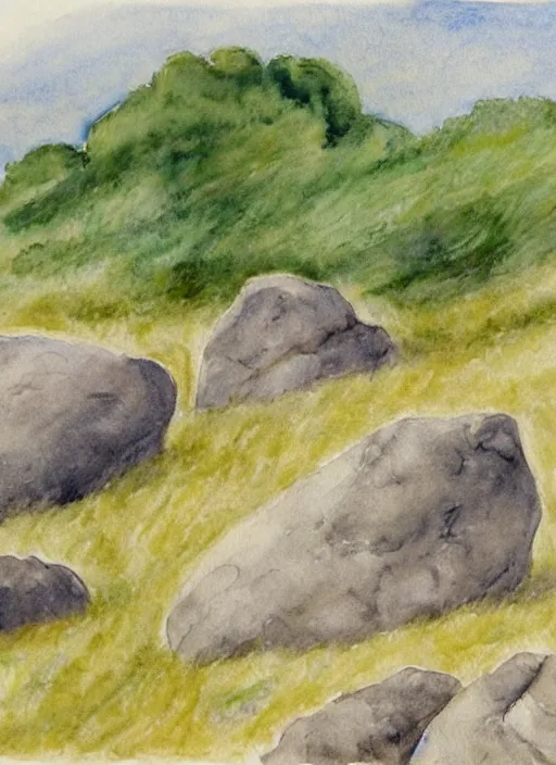 Prompt: a drawing of some rocks in a field, a watercolor painting by eliot hodgkin, pinterest, american scene painting, watercolor, wimmelbilderbuch