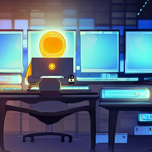 Image similar to prairie dog hacker in a blue-lit room surrounded by computers, highly detailed, trending on pixiv