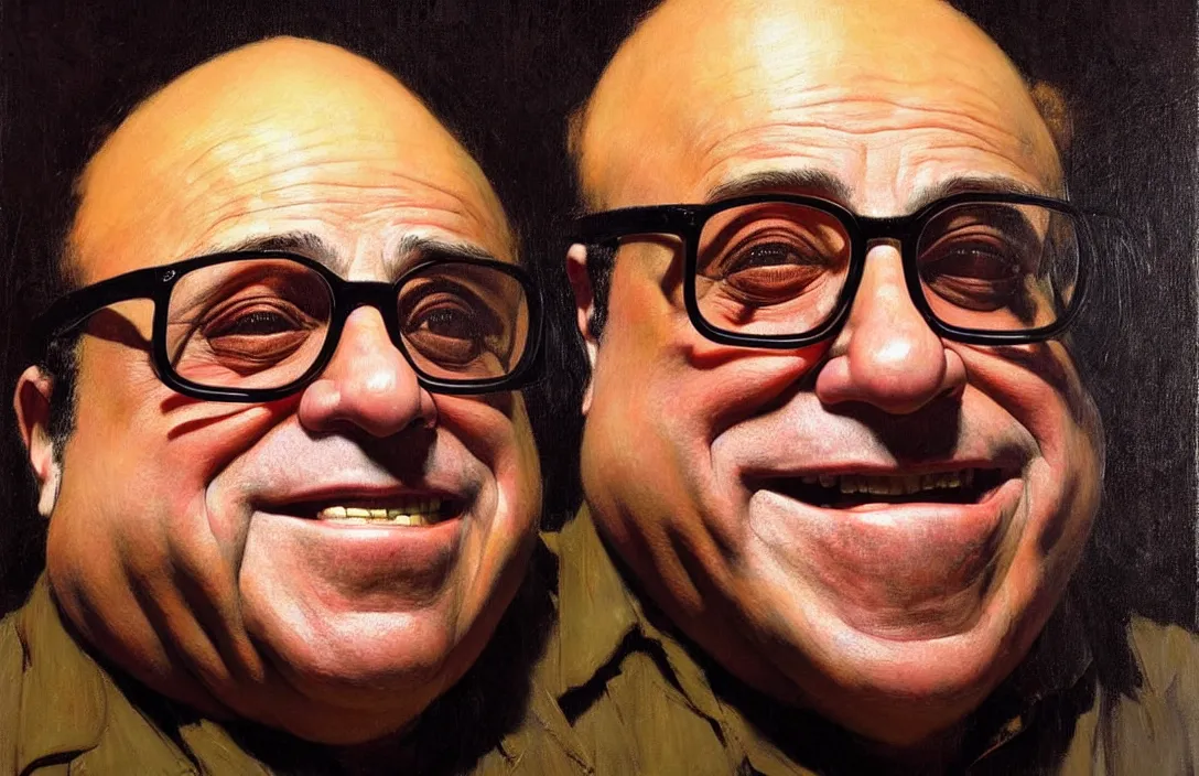 Image similar to portrait of danny devito!!!!!!!!!!!!!!!!!!!!!!!!!!!, detailed face, detailed painting,, epic lighting, by ilya repin, phil hale and kent williams