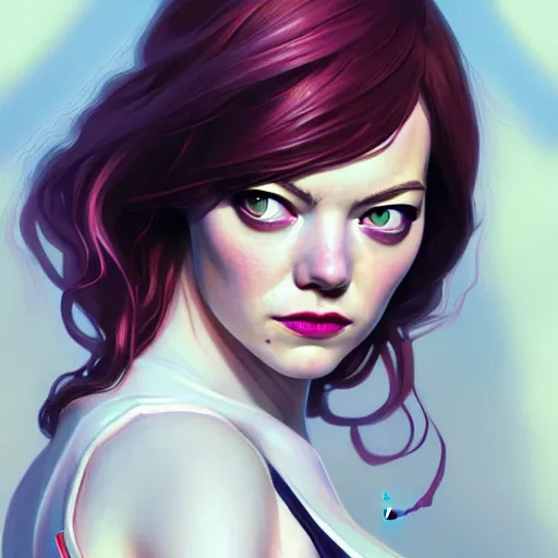 Image similar to beautiful Emma Stone as Spider-Gwen, western, closeup, D&D, fantasy, intricate, elegant, highly detailed, digital painting, artstation, concept art, matte, sharp focus, illustration, art by Artgerm and Greg Rutkowski and Alphonse Mucha