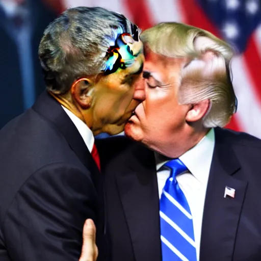 Prompt: a photograph of Barack Obama and Donald trump kissing each other