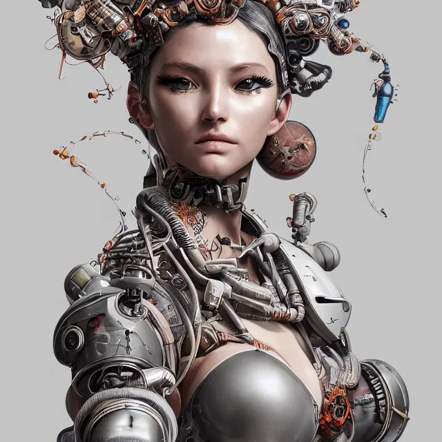 Prompt: the portrait of true neutral semi - colorful female cyborg mechanist as absurdly beautiful, gorgeous, elegant, young swimsuit model looking up, an ultrafine hyperdetailed illustration by kim jung gi, irakli nadar, intricate linework, detailed faces, super sharp focus, octopath traveler, unreal engine highly rendered, global illumination, radiant light, detailed and intricate environment