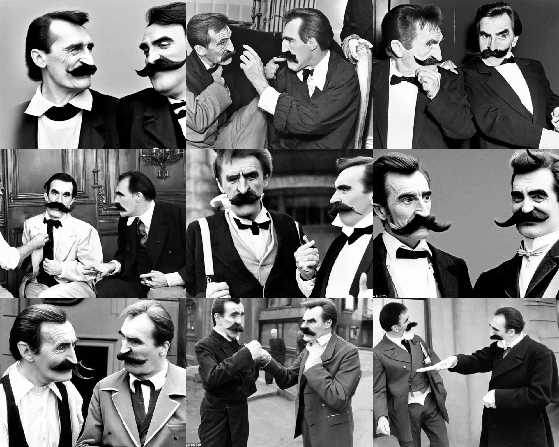 Prompt: barry chuckle and friedrich nietzsche argue over who has the best moustache